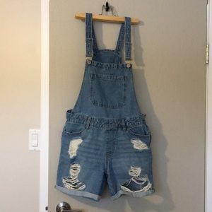 Light wash distressed denim overalls shorts